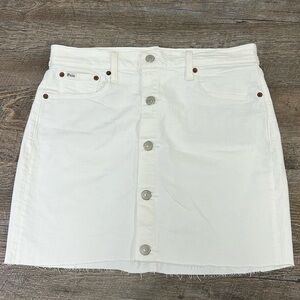 Polo Ralph Lauren White Denim Skirt Button Front Raw Hem Stretch Size 8